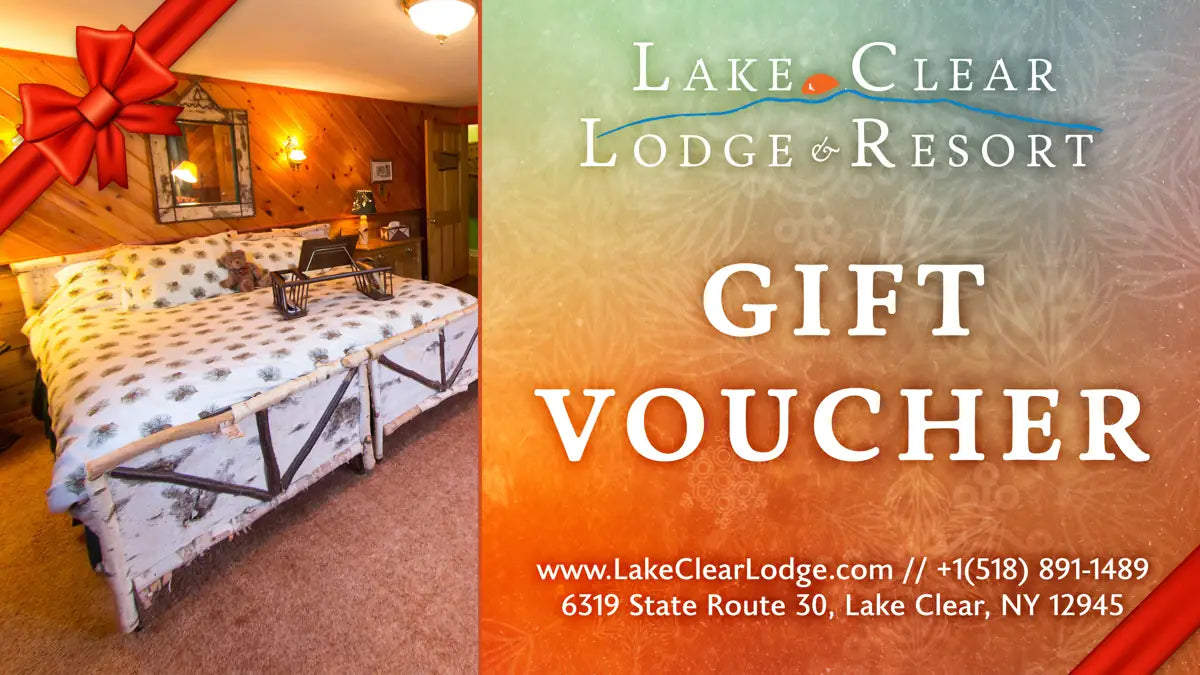 Lake Clear Lodge & Resort Gift Voucher design with an image of a Main Lodge Room.