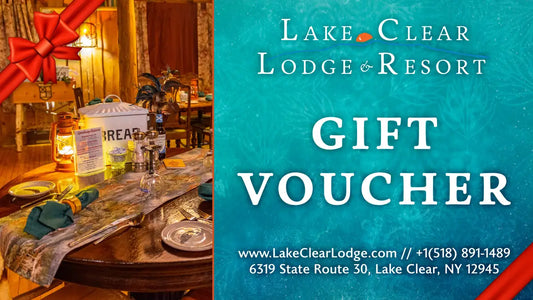 Lake Clear Lodge & Resort gift voucher design with an image of the 1886 Stagecoach Dining Room.